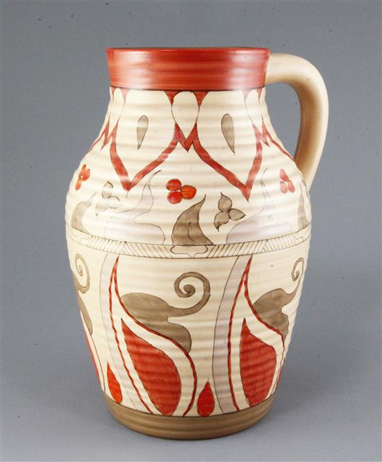 A Clarice Cliff Persian pattern lotus jug, c.1936-41, height 29.2cm, hairline crack to rim by handle